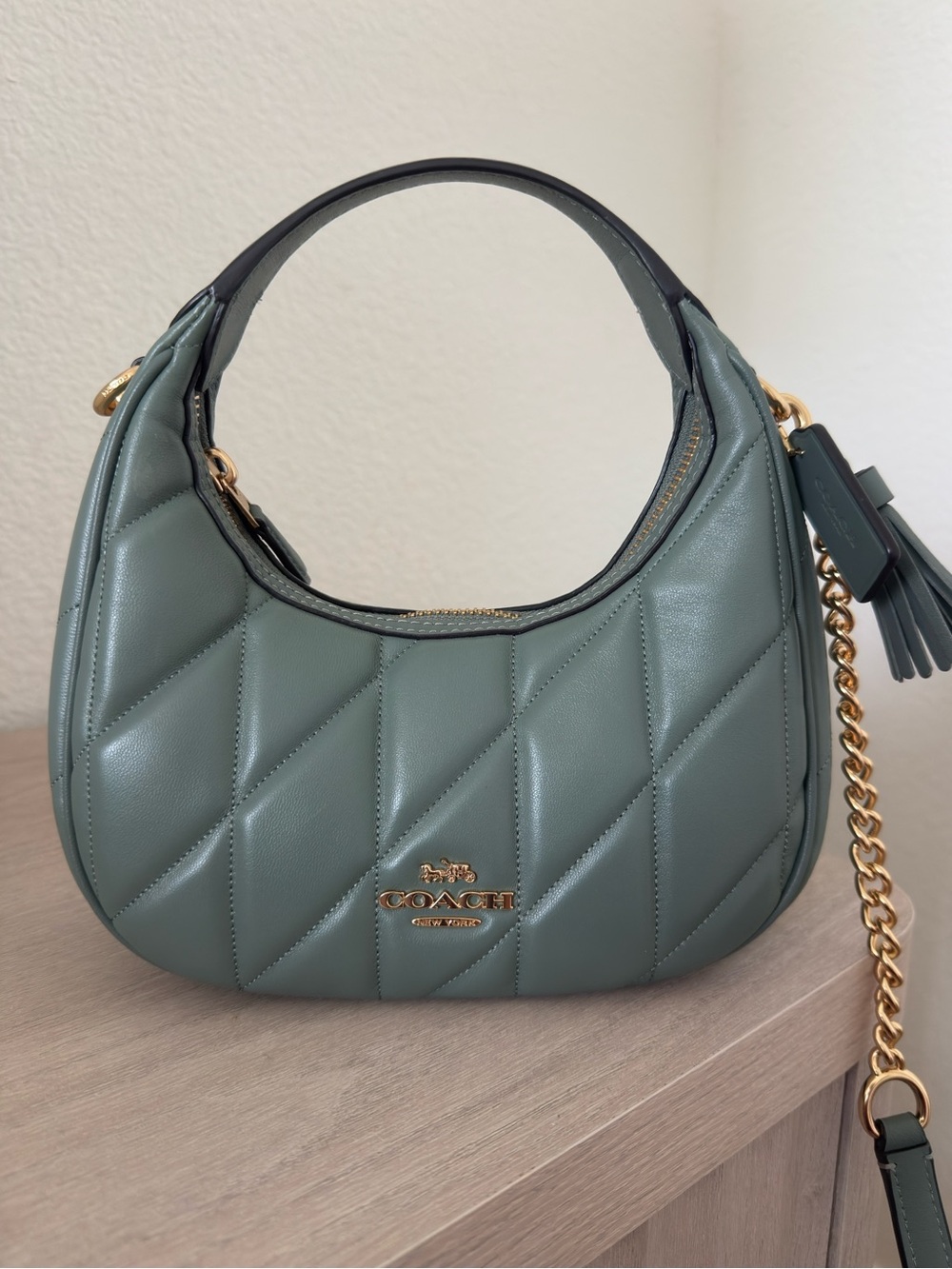 Emily Shoulder Bag/ Coach Quilted Mini Hobo Bag in Sage Green with Gold Hardware